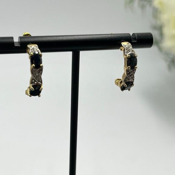 JJT 925 Sterling Vermeil Vintage Blue Topaz Diamond Half Hoop J Post Earrings - Picture 2 of 11